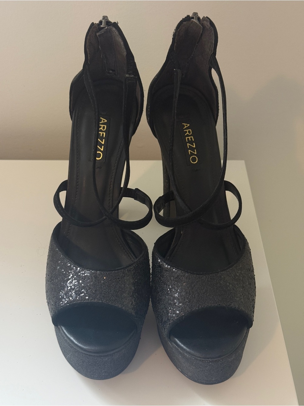 Arezzo Black Glitter Platform Heels Size 7